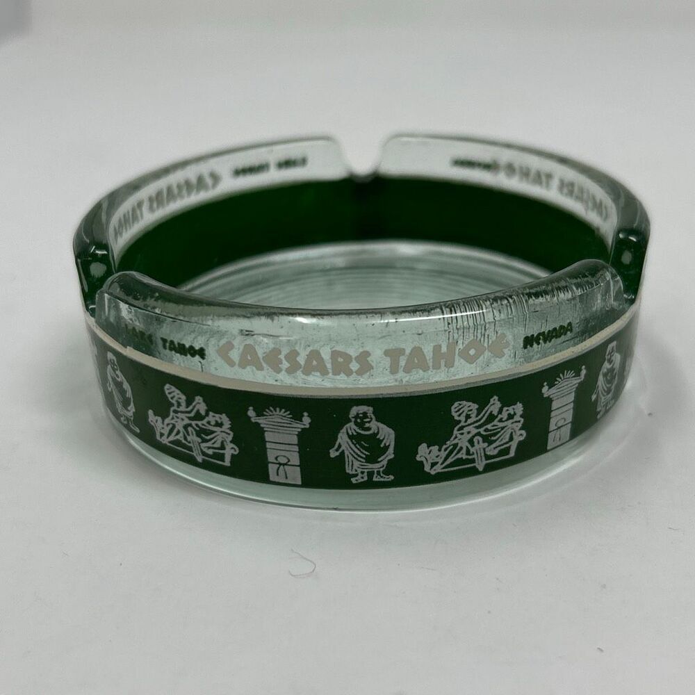 Vtg Caesars Tahoe Casino Ashtray Clear Green Greek Character Images Lake Nevada
